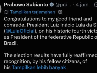Prabowo Ucapkan Selamat atas Kemenangan Lula di Pilpres Brasil, Dorong Penguatan Hubungan Kedua Negara
